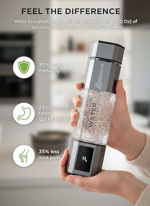 Success Co Hydrogen Water Bottle in Metallic Grey - Enhanced Hydration with Advanced Filtration, Stylish & Functional 10oz, Third Party Hydrogen Tested and Drop Tested, USB-C Type Charging