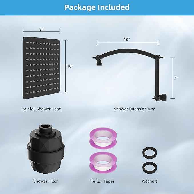 Hibbent All Metal Rain Filtered Shower Head, 10'' High Pressure Rainfall Showerhead with 16" Shower Head Extension Arm, 20 Stage Shower Filter, Solid Brass Adjustable Shower Arm Extender, Matte Black