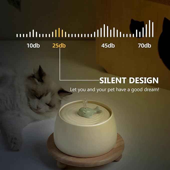 Ceramic Pet Feeding and Drinking Bowls, 1.3L/ 44oz Cat Water Fountain, Pet Drinking Fountain for Cats Dogs Indoor, Cat Water Dispenser with Filters, Silent Automatic Pet Water Fountain, Off White