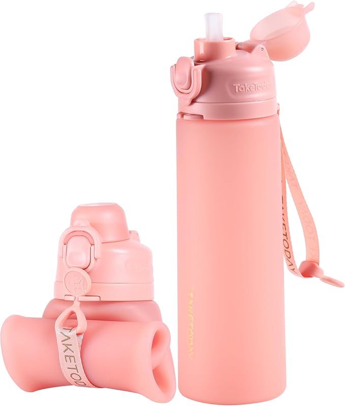 TakeToday Collapsible Water Bottles 20oz (600mL), Foldable Platinum Silicone Travel Water Bottle with Straw & Carry Strap, Leak-Resistant Screw Lid, Wide Mouth, BPA-Free for Hiking, Camping, Travel