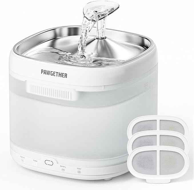 PAWGETHER® Cat Water Fountain 1 Filter Included + Extra 3 Replacement Filters, Ultra Quiet Pumpless Cat Fountain with Stainless Steel Tray, 67oz/2L Cat Fountains for Drinking with 360° Motion Sensor