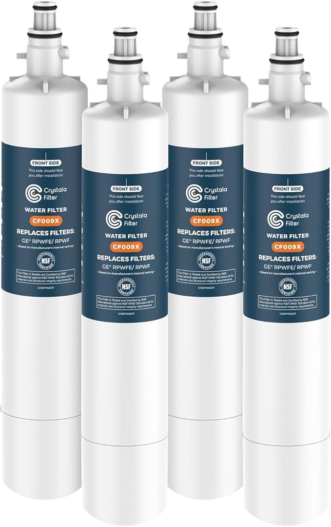 Crystala Filters Replacement for GE® RPWFE, RPWF (with CHIP) Refrigerator Water Filter, Compatible with WSG-4, WF277, GFE28GMKES, PFE28KBLTS, GYE22HMKES, DFE28JSKSS, GFE28GYNFS, GFD28GYNFS, 4 Pack