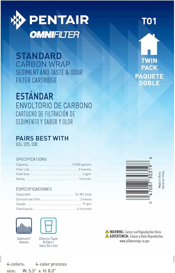 Pentair OMNIFilter TO1 Carbon Water Filter, 10-Inch, Standard Whole House Carbon Wrap Sediment and Taste & Odor Replacement Filter Cartridge, 10" x 2.5", 5 Micron, Pack of 6