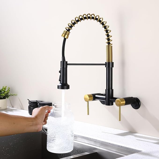 Wall Mount Kitchen Faucet, 8 Inch Center Wall Mount Kitchen Sink Faucet with Pull Down Sprayer with Sprayer Commercial, Black and Gold