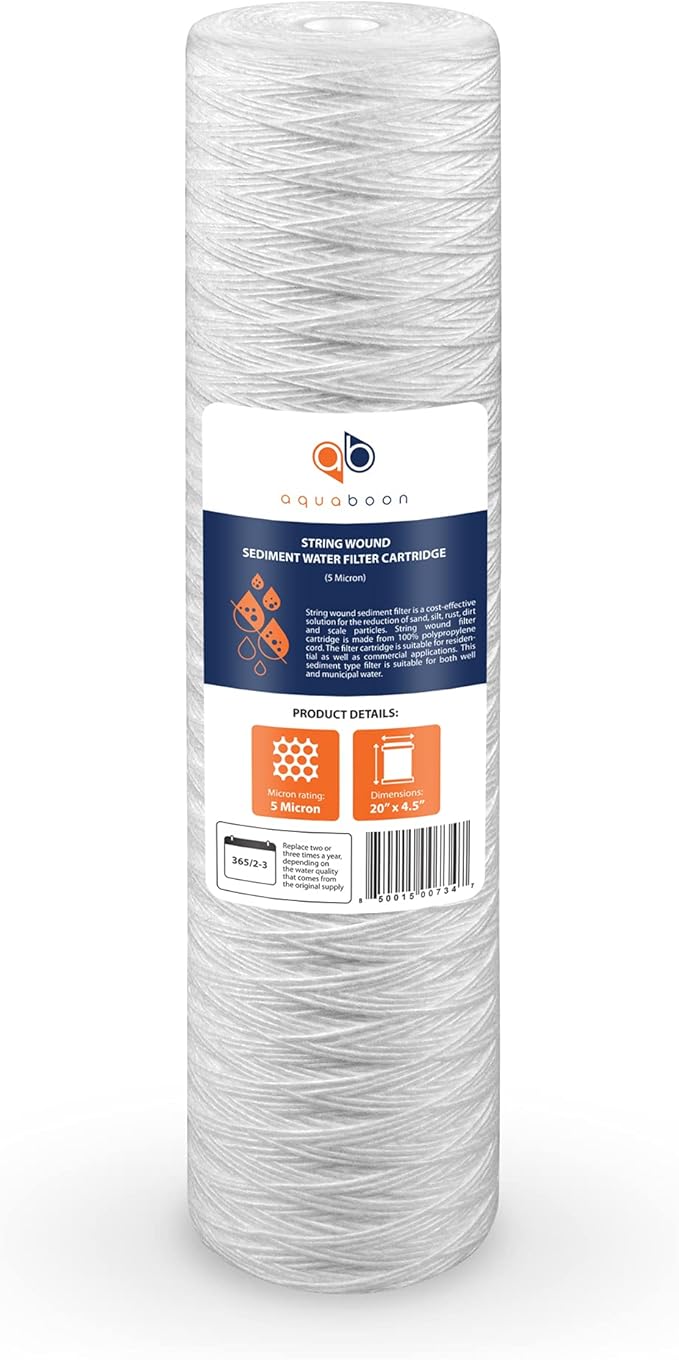 Aquaboon 5 Micron 20 x 4.5 Whole House String Wound Water Filter Replacement Cartridge for Well Water Filtration Compatible with WP5BB20P, 2-Pack