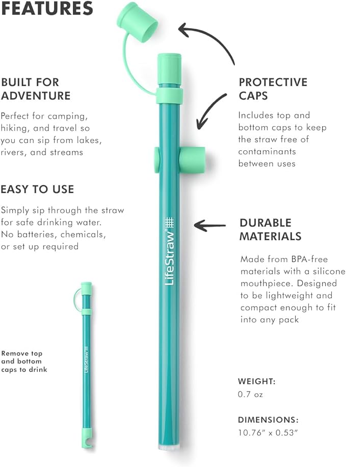 LifeStraw Sip Essential – Lightweight Water Filter Drinking Straw, Removes Bacteria, Parasites and Microplastics, Seaglass