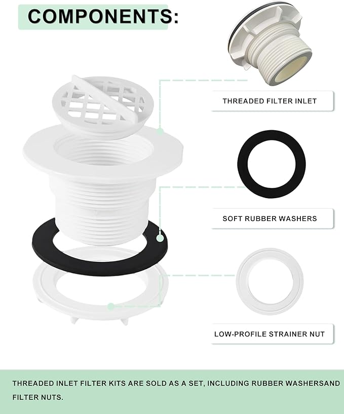 (2pcs) Threaded Inlet Strainer Compatible with Intex Filter Pumps with 1-1/2" Hoses, Above Ground Stock Tank Pool Inlet Strainer Replacement Parts Including Rubber Washer Filter Nut and Grid - AquaVibe