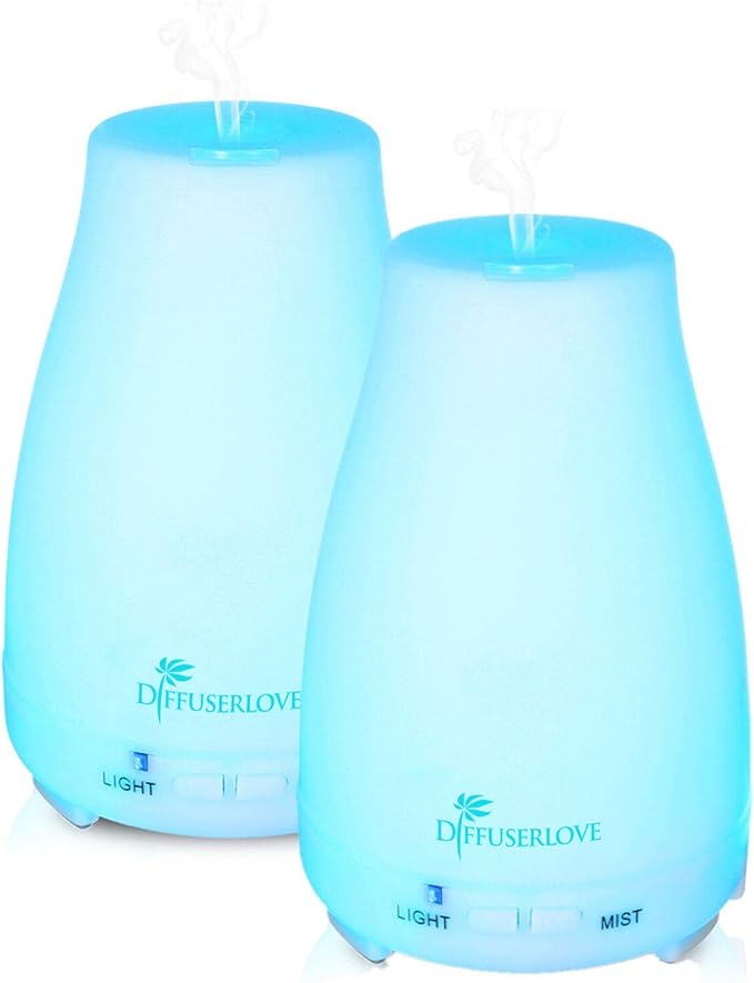 Diffuserlove 2 Pack 200ml Essential Oil Diffuser Ultrasonic Aromatherapy Diffuser Cool Mist Humidifiers with 7 Color LED Lights & Waterless Auto Shut-Off for Home Office Kitchen Bedroom