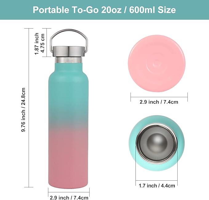 Neihepal Gradient Stainless Steel Water Bottles,20 Ounce Vacuum Insulated Double Wall Travel Bottle with Leak Proof Lid of Handle,Metal Reusable Standard Mouth Flask Thermoses for School,Hikers,Gift