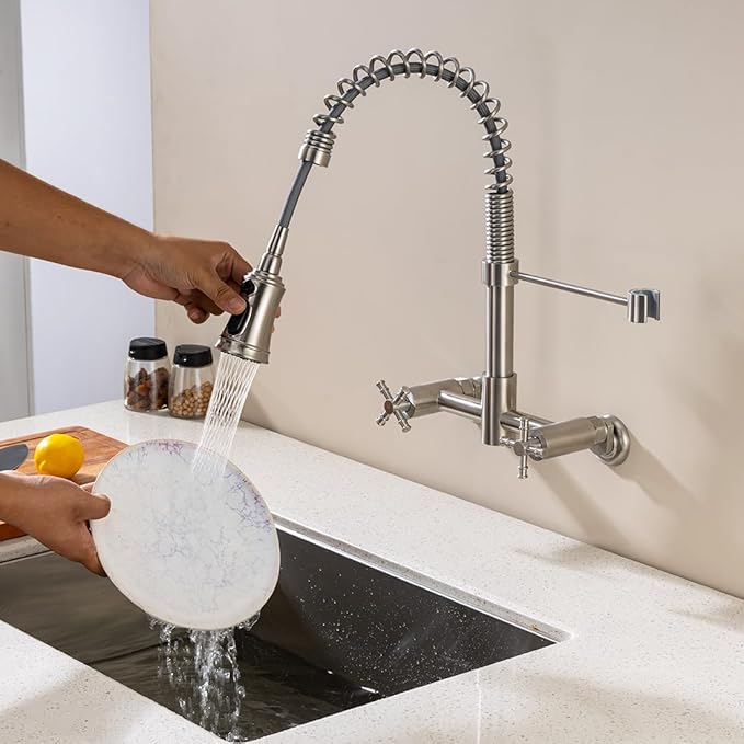 Wall Mount Kitchen Faucet, 8 Inch Center Wall Mount Faucet with Pull Down Sprayer, Commercial Spring Wall Faucet for Kitchen Sink, 3 Functions, Dual Handle, 304 Stainless Steel, Brushed Nickel