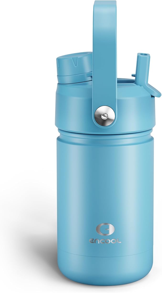 Kids Insulated Water Bottle with Straw - 12oz Stainless Steel Water Bottle with Dual Spouts, Leak-Proof, BPA-Free, Double Wall Vacuum Keeps Cold for 24 Hours for Sports, Travel, School (Pewter Blue)