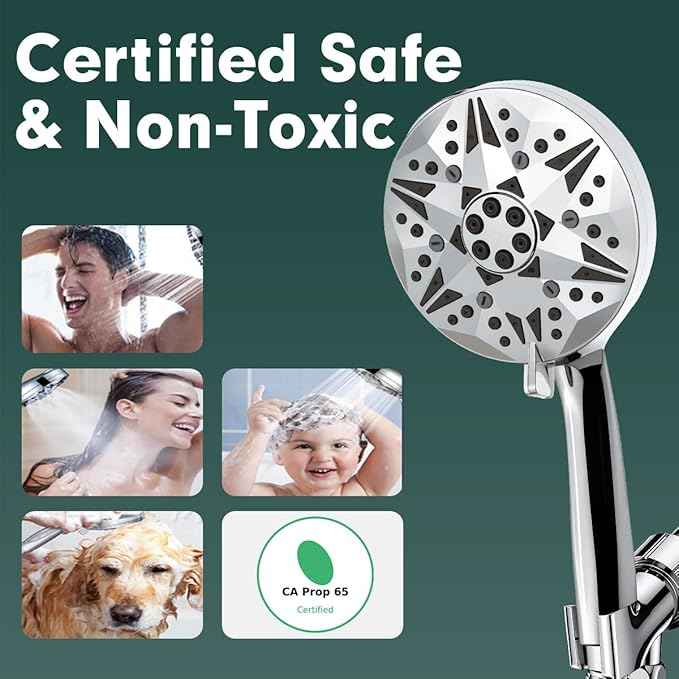 Filtered High Pressure Handheld Shower Head – 10 Spray Modes with Rain & Massage, Built-in Filter for Cleaner Water, Anti-Clog Nozzles, Power Rinse for Tile & Pets, Chrome Finish