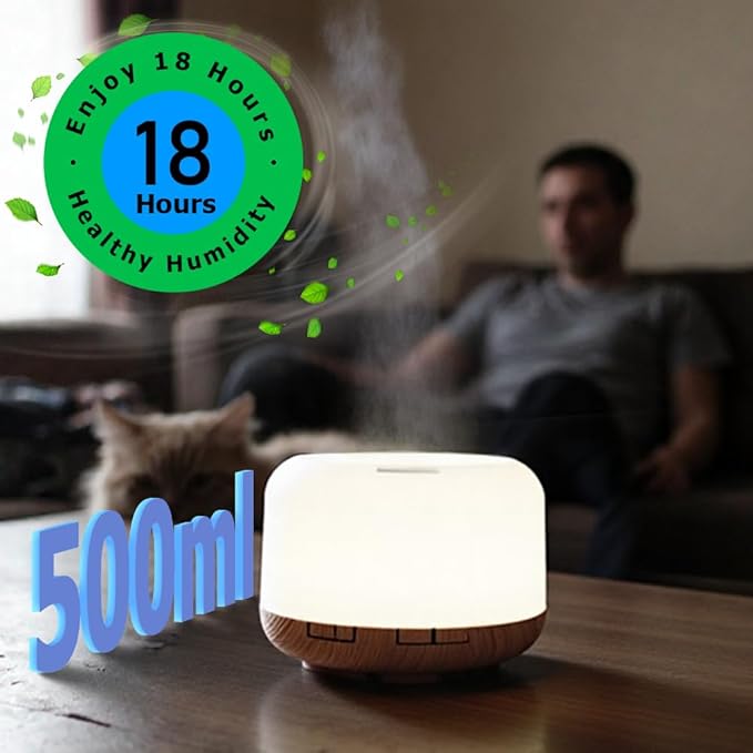500ml Premium Essential Oil Diffuser,Quiet 4-in-1 Ultrasonic Aromatherapy Humidifier,7 Color LED Lights,with Adjustable Automatic Timer Off Function and Spray Mode. (Light Woodgrain)