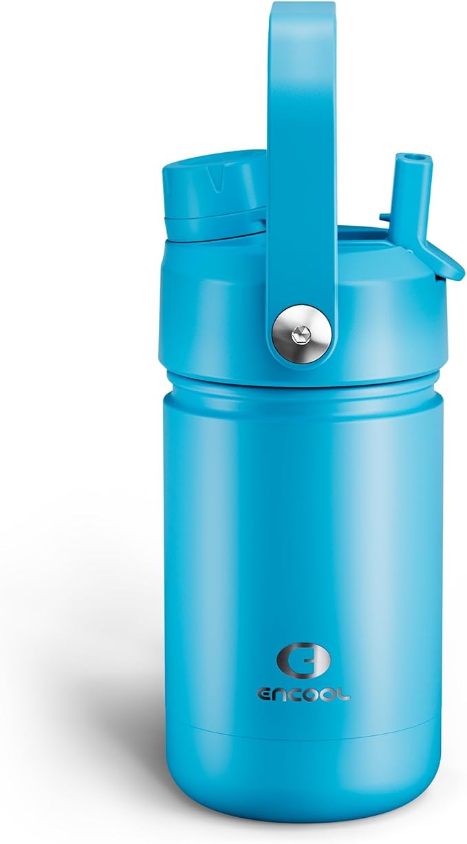 Kids Insulated Water Bottle with Straw - 12oz Stainless Steel Water Bottle with Dual Spouts, Leak-Proof, BPA-Free, Double Wall Vacuum Keeps Cold for 24 Hours for Sports, Travel, School (Azure Blue)