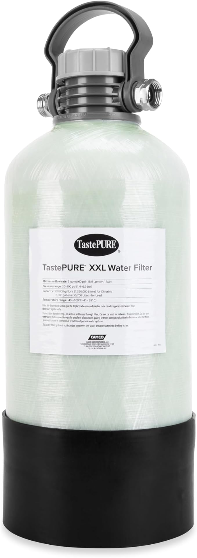 Camco TastePURE XXL Camper/RV Water Filter - Prevents Bacteria Growth & Reduces Bad Taste, Odor & More - Features Long-Term Water Filtration w/GAC & KDF - Includes 4' RV Drinking Water Hose (40015)