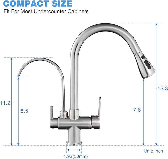 POPFLY Kitchen Faucet with Drinking Water Faucet, 3 in 1 Water Filter Purifier Faucet 2 Handles with Pull Down Sprayer, Brushed Nickel