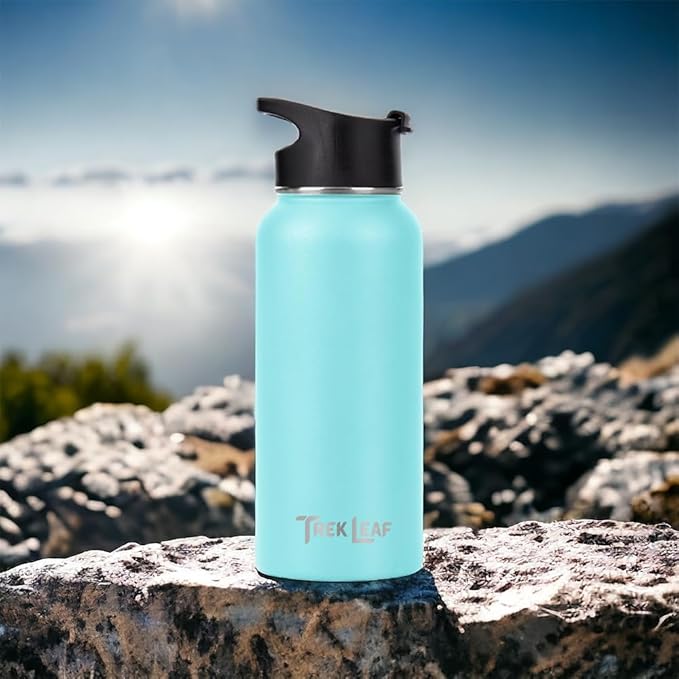 Travel Water Bottle with Carrying Bag, 3 Lids (Spout, Straw, Flip), and Bottle Brush; Leak Proof, Quality, Vacuum Insulated, Stainless Steel (Caribbean, 32 oz)