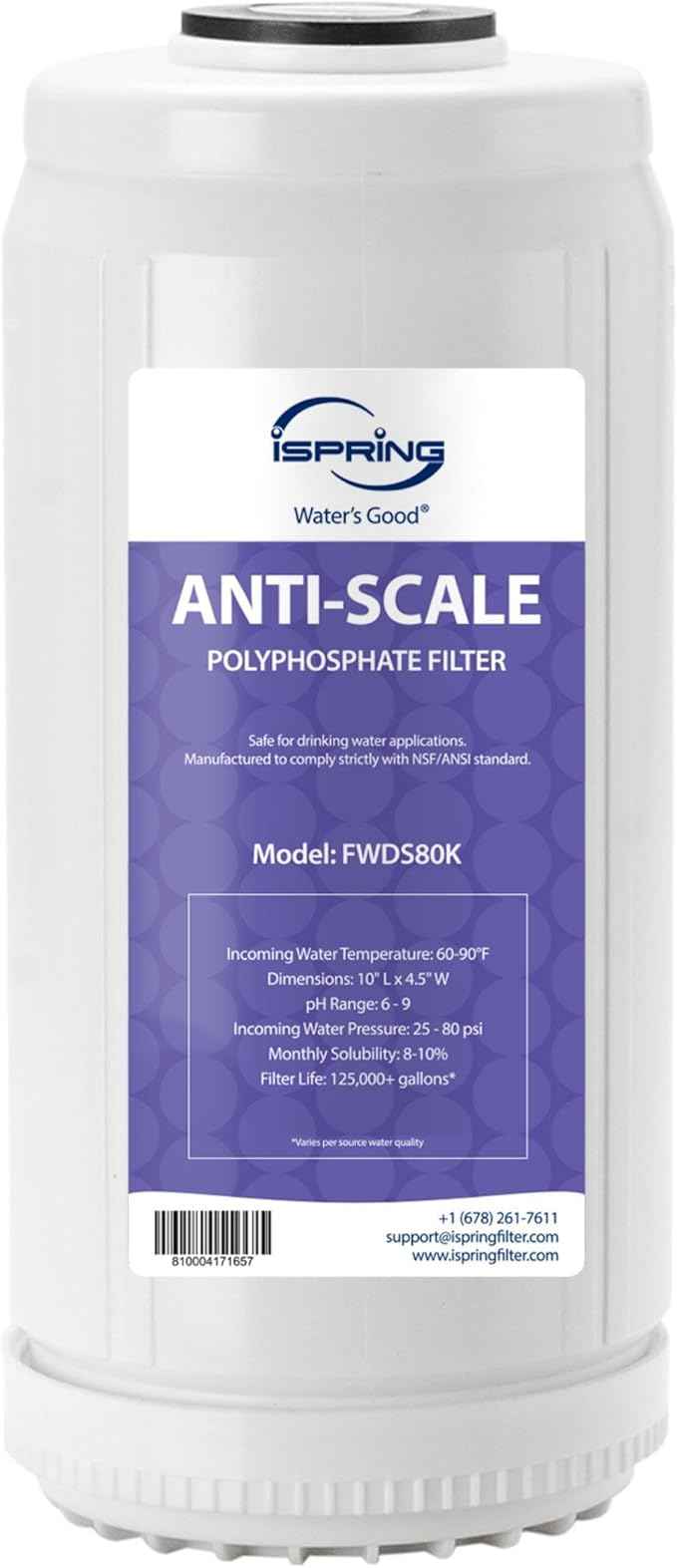 iSpring FWDS80K Anti-Scale Replacement Cartridge for WDS80K Whole House Water Filter, 10" x 4.5", White, Lasts Up to 6 Months, 1-Pack