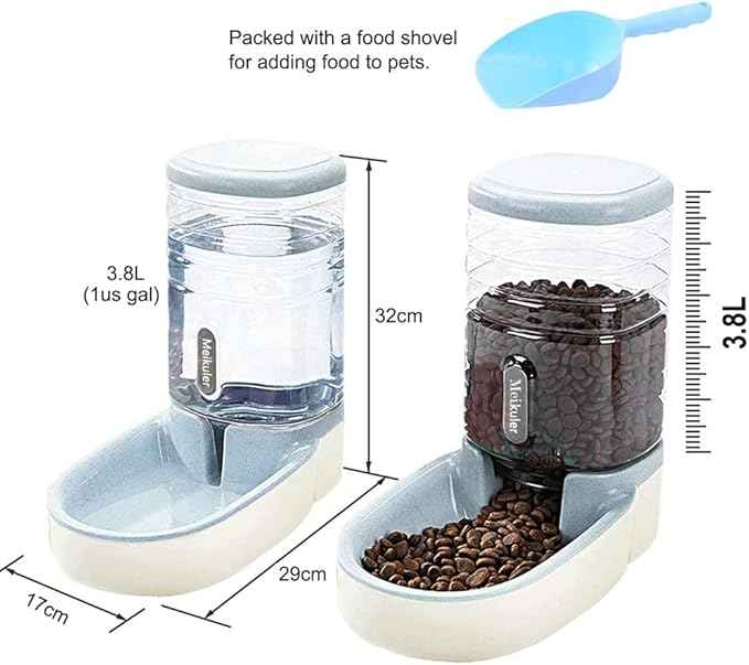 Meikuler Automatic Dog Cat Feeder and Water Dispenser Set,Waterer and Gravity Food Feeder for Small & Medium Dogs Cats Puppies,Large Capacity 1 Gallon x 2 (Grey)