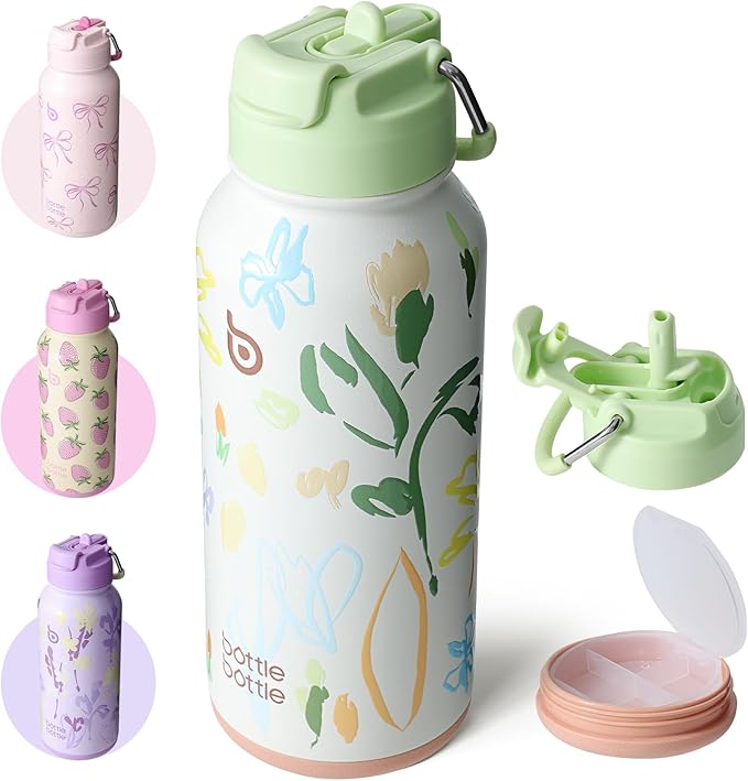 BOTTLE BOTTLE 32oz Insulated Water Bottle Stainless Steel Sport Water Bottle with Straw Dual-use Lid Design for Gym with Pill Box