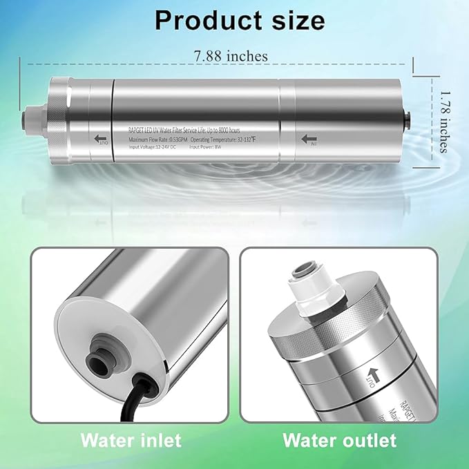 LED UV͎ Ultrąviolët Water Filter for Under Sink Water Filter System and Reverse Osmosis System, Reduce up to 99.9% of Baçtёria-Mercury-Free- Stainless Steel- 8000 Hours Life