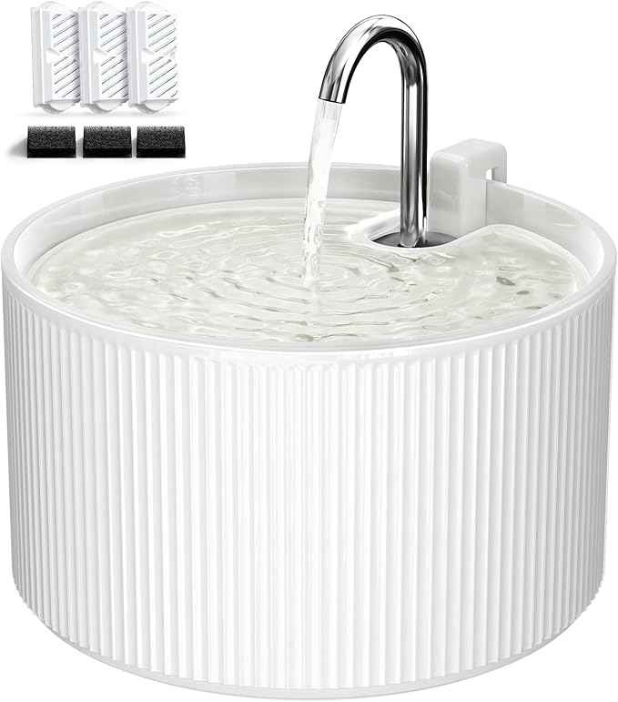 Ceramic Cat Water Fountain, 2.2L/74oz Ceramic Cat Fountains for Drinking Indoor with 3 Replacement Filters and 3 Sponges, Automatic Pet Water Dispenser with Ultra-Quiet Pump
