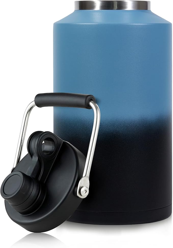 1 Gallon Water Bottle Insulated Stainless Steel Keeps Ice 48Hr, Large Water Gallon Jug Wide Mouth Leakproof Vacuum for Gym, Camping, & Construction Gradient Blue