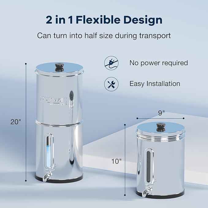 Purewell 4-Stage Ultra-Filtration Gravity-fed Water Filter System with 3 Filters, 304 Stainless Steel Countertop System with Water Level Window, Reduce Fluoride and Chlorine, 2.25G, PW-KS-3F