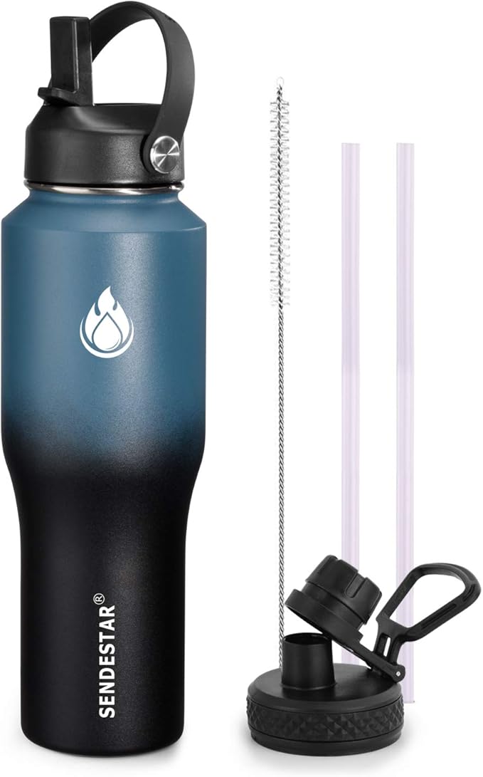 SENDESTAR Water Bottle 32oz,Wide Mouth Stainless Steel Vacuum Insulated Double Wall Keep Liquids Cold or Hot All Day,Sweat Proof Sport Design,Fit Car Cup Holder,(Straw and Spout lid)(Dark blue&Balck)