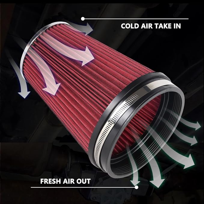 MUGE RACING 6" 152 mm High Flow Inlet Air Filter, Air Intake Cone Filter Replacement Performance Washable Clamp-On Dry, 8'' Tall(Red)
