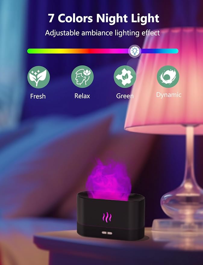Essential Oil Diffuser, Air Humidifier with Flame Led Light - 7 Colors, 180mL Capacity (8 Hours), Noiseless Operation, Auto-Off Protection - Perfect for Home Bedroom Office Gifts(Black)