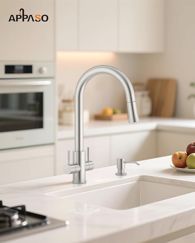 APPASO 2 Handle Kitchen Faucet with Soap Dispenser, Brushed Nickel Two-Handle Kitchen Sink Faucets with S304 Stainless Steel Pull Down Sprayer 1 Mode and Deck Plate for 1 to 4 Holes Sinks, High Arch
