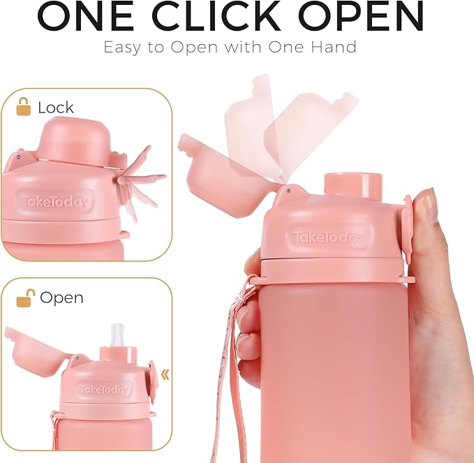 TakeToday Collapsible Water Bottles 20oz (600mL), Foldable Platinum Silicone Travel Water Bottle with Straw & Carry Strap, Leak-Resistant Screw Lid, Wide Mouth, BPA-Free for Hiking, Camping, Travel