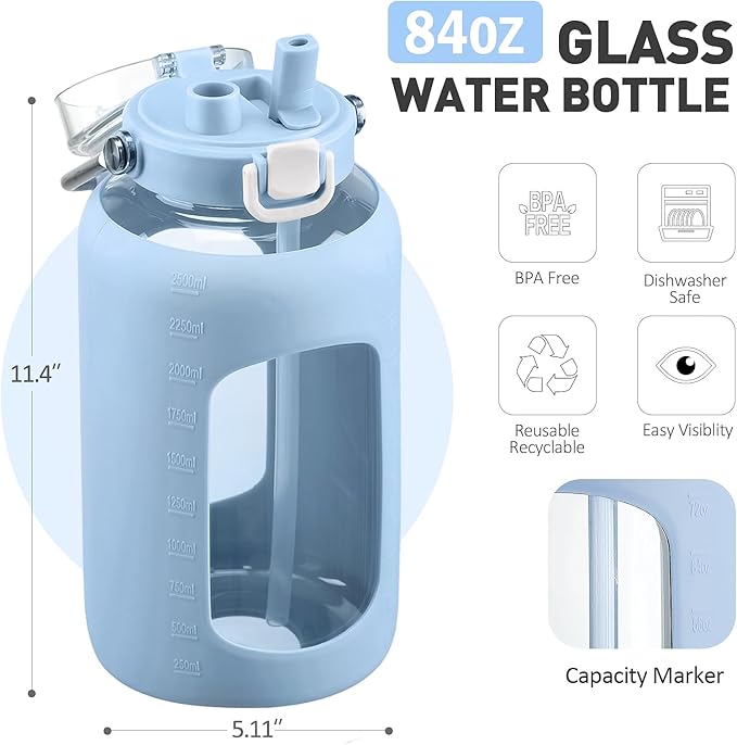 84oz Glass Water Bottle with Stainless Steel Handle,2.5L Gallon Water Bottle with 2-IN-1 Straw Lid, Silicone Sleeve and Motivational Capacity Marker, Wide Mouth Water Jug For Gym, Workout, Blue