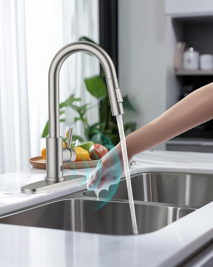 APPASO Touchless Kitchen Faucet with Soap Dispenser, S304 Stainless Steel Modern Motion Sensor Sink Faucets with Pull Down Sprayer 2 Modes and Deck Plate, Activated Smart Hands Free