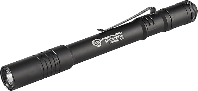 Streamlight 66134 Stylus Pro USB 350-Lumen Rechargeable White LED Pen Light for Inspectors, Law Enforcement, and Everyday Use with USB Cable, and Nylon Holster, Black