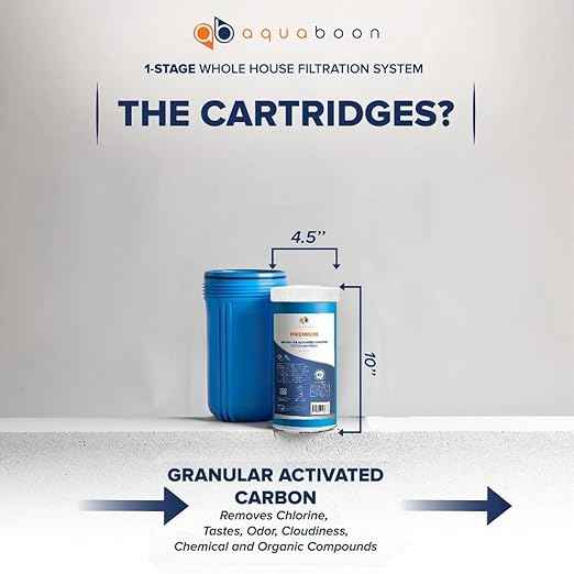 Aquaboon Whole House Water Filter System for Well Water with 5 Micron 10x4.5 Ganular Activated Carbon (GAC) Chlorine Reduction Cartrige | NSF Certified, Pressure Gauges & Releas, Wrench, Bracket 1"NPT