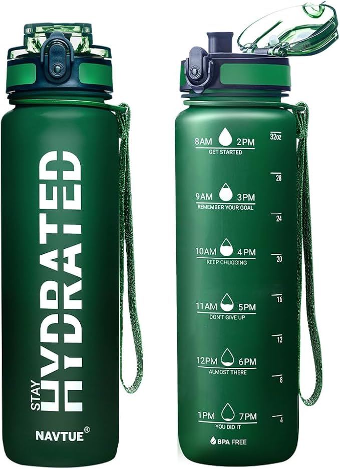 Water Bottle, 32oz Sports Water Bottles with Time Marker Wide Mouth, Motivational and Leakproof Drink Bottle, BPA Free Tritan with Carry Strap for Gym Fitness Outdoor (1 Bottle)