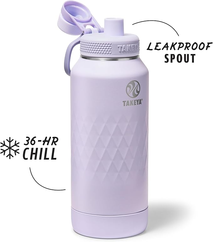 Takeya Sport 32 oz Triple-Insulated Stainless Steel Water Bottle, Spout Lid – Leakproof, Sweatproof, BPA-Free, Keeps Drinks Cold 36 Hrs, Hot 14 Hrs – Moonlight