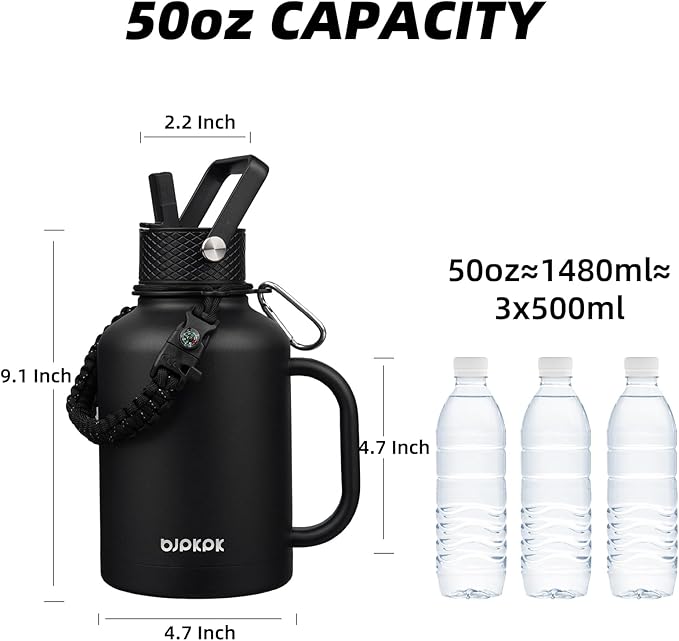 BJPKPK Large Insulated Water Bottles with Straw Lid & Handle, 50oz Water Bottle with 3 Lids and Paracord Strap, Stainless Steel Metal Water Bottle, Insulated Water Jug, Black