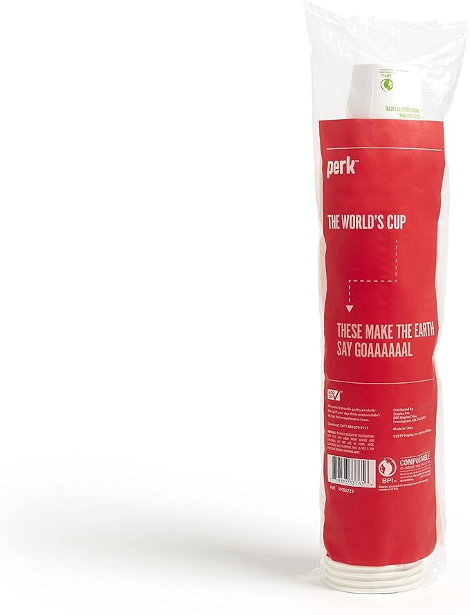 Perk Eco 12 Oz Compostable Paper Hot Cups, 50 Count Disposable Coffee Cups for Hot Beverages, White/Green