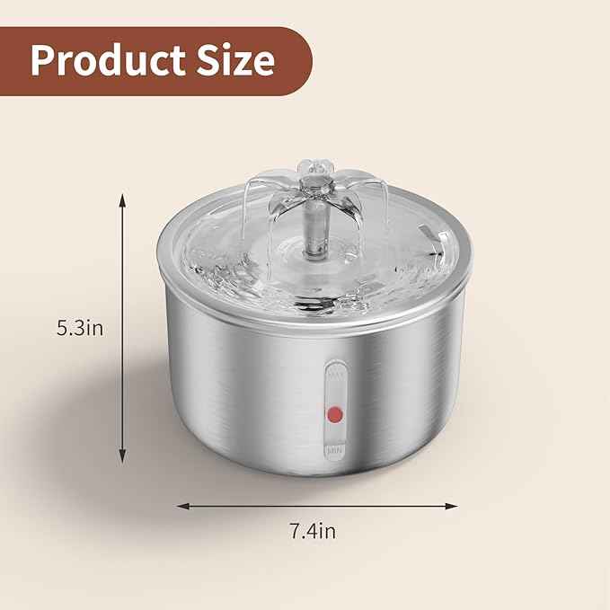 Stainless Steel Cat Water Fountain, 68oz/2.0L Cat Fountain with Flower Waterfall Spout Pet Water Fountain for Cats Indoor, Dog Water Fountain with Sponge