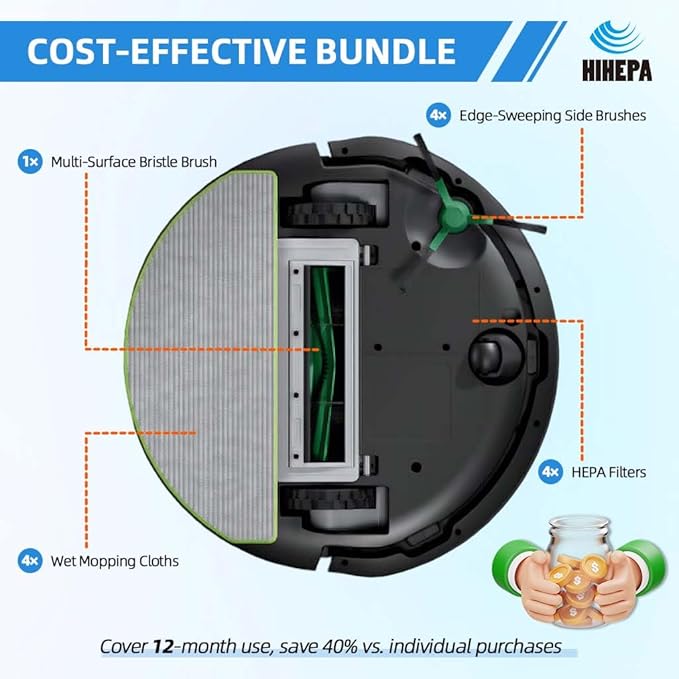 Robot Vacuum Part Replacement for iRobot Roomba 105 Vac Y0140 Q0120 Y0110 105 Combo Q011 Q0520 Models - 1 Main Brush, 4 Side Brushes, 4 HEPA Filters,4 Mop Pads｜Pet Hair Solution - AquaVibe