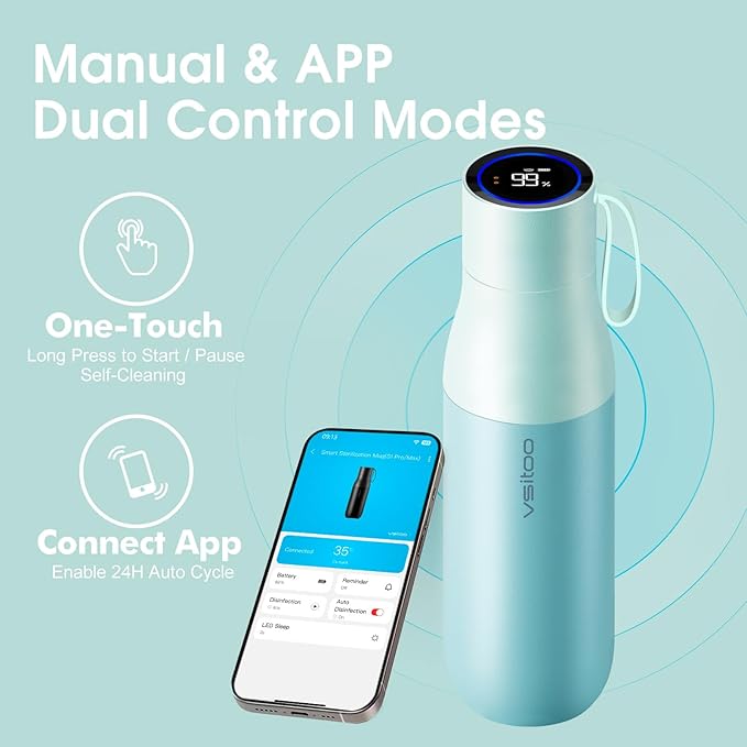 VSITOO 15oz Smart Self Cleaning Water Bottle，Insulated Water Bottle with Stainless Steel, BPA-Free, AI Self-Clean, 30-Day Battery, Magnetic Charging for Travel, Gym or Office, Blue