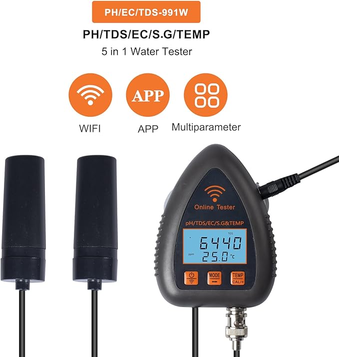 Smart PH Meter PH TDS EC S.G Temp Water Quality Tester Online Aquarium Pool Hydroponics Data Logger Monitor