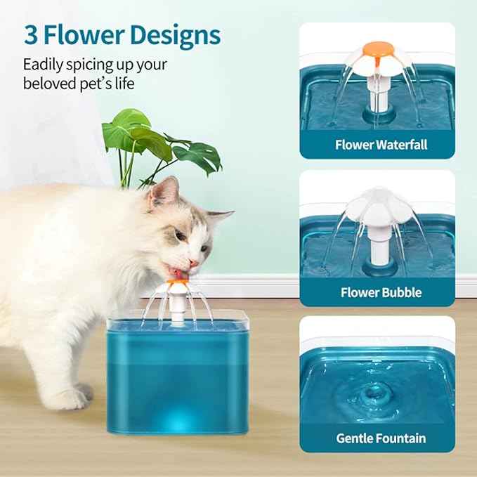 Cat Water Fountain Pet Water Fountain with LED Light, 67oz/2.0L Large Capacity, Cat Water Bowl 3 Flowers Designs & Super Silent