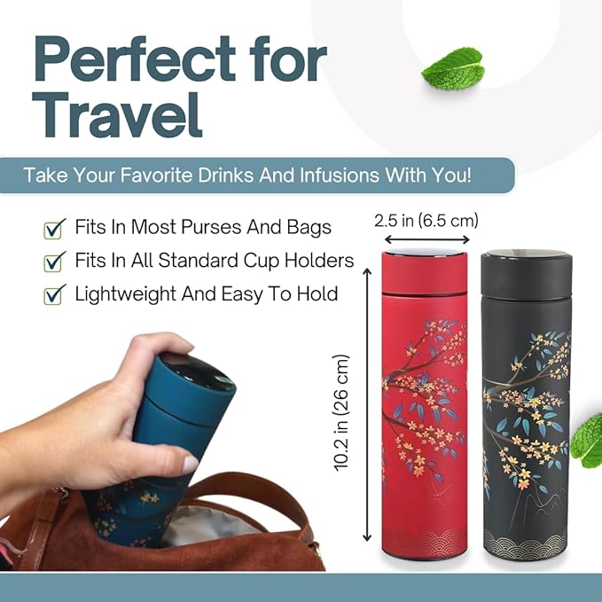 Farasi Tea Infuser for Loose Leaf Tea Smart Water Bottle with Fahrenheit Temperature Display, Stainless Steel Insulated Coffee and Fruit Tea Infuser Bottle - Red Floral Travel Tea Mug 15 oz