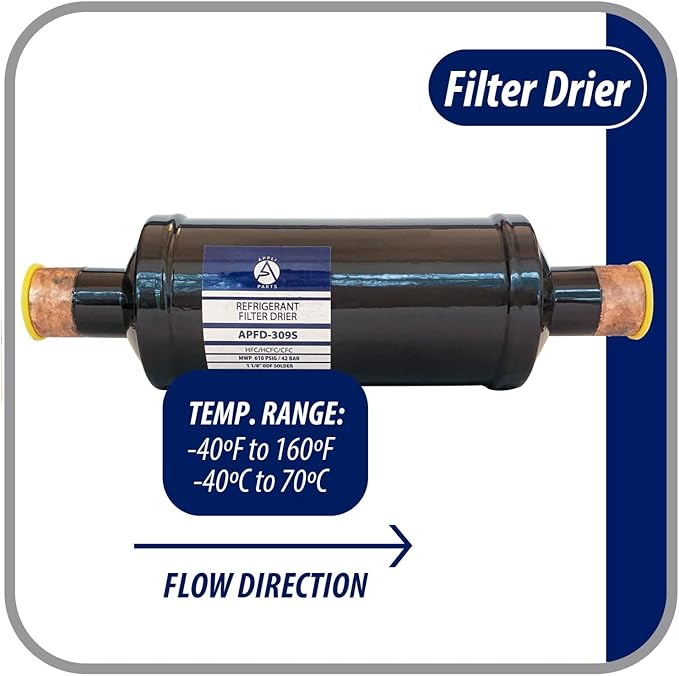Appli Parts APFD-309S 1-1/8 in Liquid Line Refrigerant AC Filter Drier hvac Refrigeration 309S ODF Sweat Solder connection universal unidirectional 11in long 3in wide