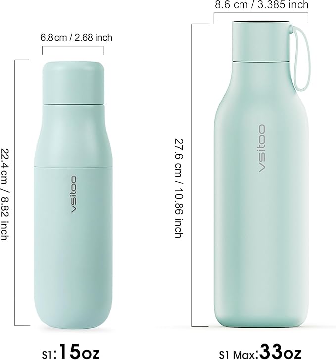 Vsitoo Self Cleaning Water Bottle - 15oz Stainless Steel, AI Self-Clean, 30-Day Battery, Magnetic Charging, BPA-Free for Travel/Gym/Office, No App Needed