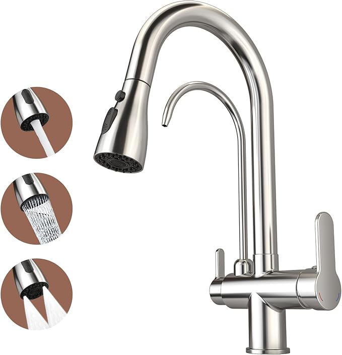 Kitchen Sink Faucet with Pull - Down Sprayer, 2 - Handle 3 - in - 1 Kitchen Sink Filter Faucet, Cold and Hot Mixer Drinking Water Faucet (Chrome-02)